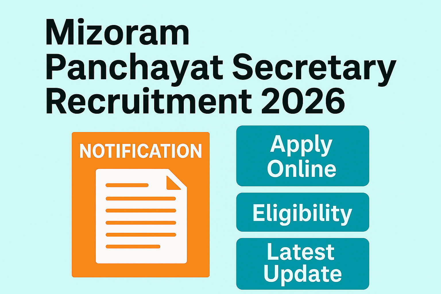 Mizoram Panchayat Secretary Recruitment 2026 notification poster showing Apply Online, Eligibility, and Latest Update sections on a teal background